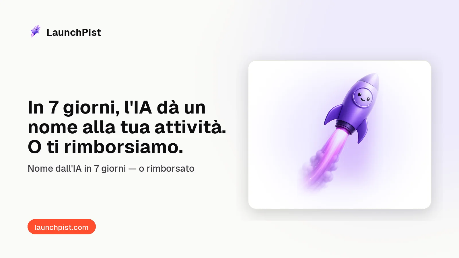 LaunchPist: In 7 giorni, l'IA dà un nome alla tua attività. O ti rimborsiamo.
